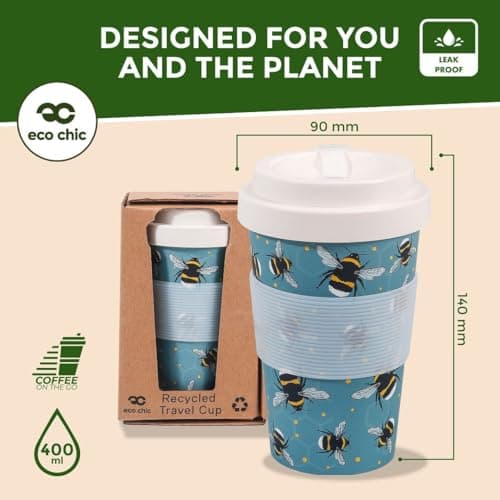 ECO CHIC Recycled Travel Coffee Cup 400ml Microwave Dishwasher Safe Plastic Travel Mug (Bumble Bee Blue) — view 3