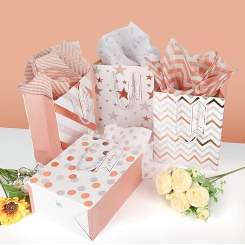 12 Pack 9" Gift Bags Medium Size with Tissue Paper, 4 Design Rose Gold Paper Gift Bags with Handles for Party Wedding Baby Shower Holiday Presents Small Business — view 3