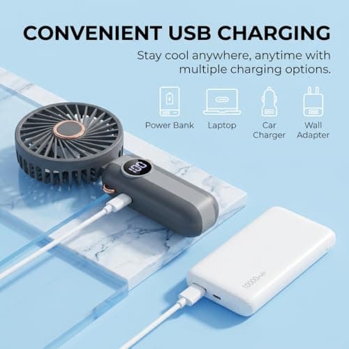 Snugcore Handheld Fan Portable Foldable Mini Fan 5 Speeds Rechargeable 1200mAh Battery 90° Adjustable Hand Held Fans, Small Personal Cooling Fans Ultra Quite for Travel Desk Use Dark Black — view 5