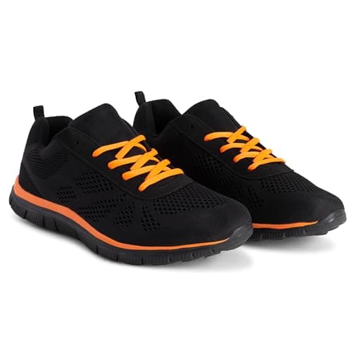 Get Fit Women’s Lightweight Trainers - Breathable Mesh Gym Walking Shoes - Comfortable Lace-Up Fitness Sneakers, Flexible Non-Slip Sole - Black/Orange - UK4/EU37