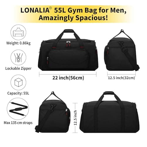 LONALIA 55L Large Gym Sports Duffle Bag for Men - 22 inch Mens Travel Holdall Weekend Overnight Bag (Black) — view 2