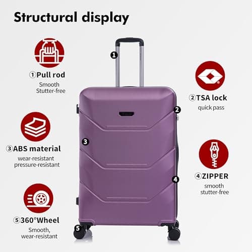 Rocklands® Cabin Suitcase 55x40x20cm Hard Shell TSA Lock, 4 Spinner Wheels, Lightweight Hand Luggage Small Travel Bag, Approved for 100+ Airlines Including Ryanair, EasyJet (Purple, Cabin (20 Inch)) — view 3