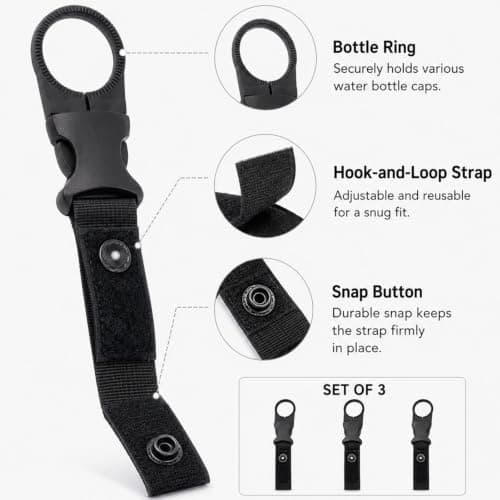 HOQBFSN 3 Pack Tactical Water Bottle Holder Clip, Adjustable Serrated Cup Loop with Quick Release Buckle, Heavy Duty Nylon Webbing Bottle Hanging Strap for MOLLE Backpack Hiking Cycling Camping Travel — view 3