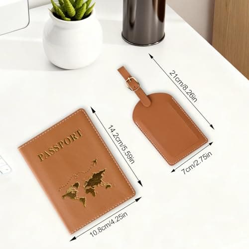ZDNT 4 Pcs Passport Cover and Luggage Tag,Passport Holder,Passport Cover Luggage Tag Set,PU Leather Passport Holder Travel Wallet Case Organiser for Passport Credit Card Business (Brown, Blue) — view 2