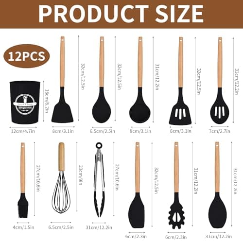 Senshuomy 12 PCS Kitchen Utensil Set, Silicone Cooking Utensils Set with Wooden Handle for Utensils BPA Free, Heat Resistant, Nonstick Cookware Tongs Spatula Spoon Set, Dishwasher Safe (Black) — view 2