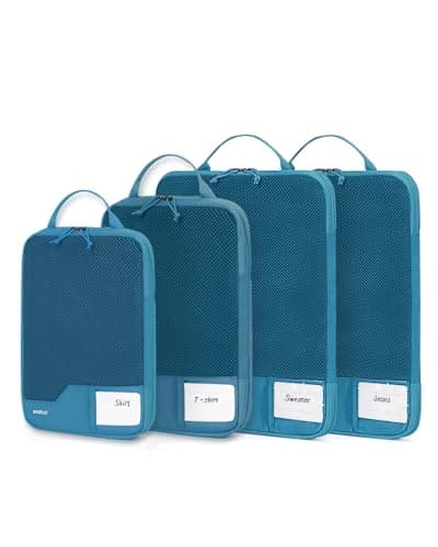 ECOHUB 4pcs Compression Packing Cubes, Suitcases Organiser Bag with Tag, Recycled Travel Bags Organiser for Backpack, Tear-resistant Packing Organiser for Carry On Luggage, Blue Green (Patent Pending)