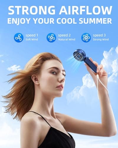 Hssio Portable Handheld Fan, Mini Desk Fan Foldable 1800mAh, 180° Ratotion, 3 Speeds, Ultra Quite, Up to 8H Long Use Time, Small Personal Cooling Fans Makeup Eyelash Fan for Women Girl, Deep Blue — view 2