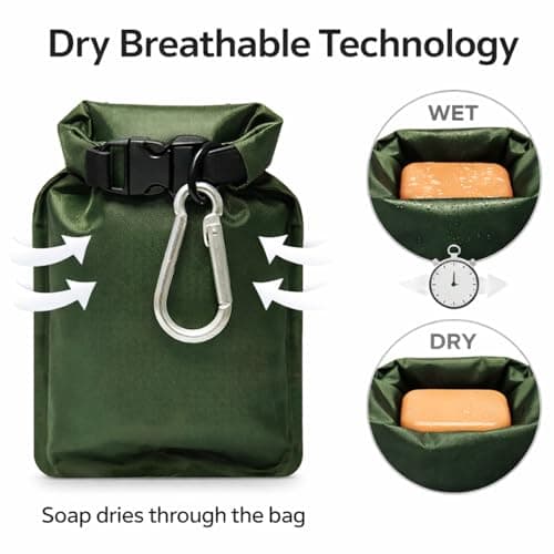 2PCS Travel Soap Bag, Waterproof Soap Dishes Case Box, Portable Sealing Soap Holder, Leakproof & Quick Drying Soap Bar with Lathering Bag and Carabiner, for Travel, Camping (Black+Army Green) — view 4