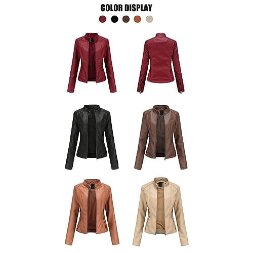 Faux Leather Jacket For Women Zip Up Moto Biker Classic Short Coat Slim Fit Long Sleeve Solid Color Stand Up Collar Women's Coat Lightweight Waterproof Jacket with Zipper Pocket — view 3