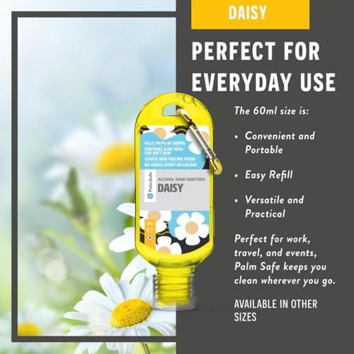Palm Safe Daisy 3 Pack 60ml Anti Bacterial Premium Hand Sanitiser Travel Size Refillable Clip Bottle Quick Drying Non Sticky Extra Moisturising Kills 99.9% of Viruses and Bacteria — view 5