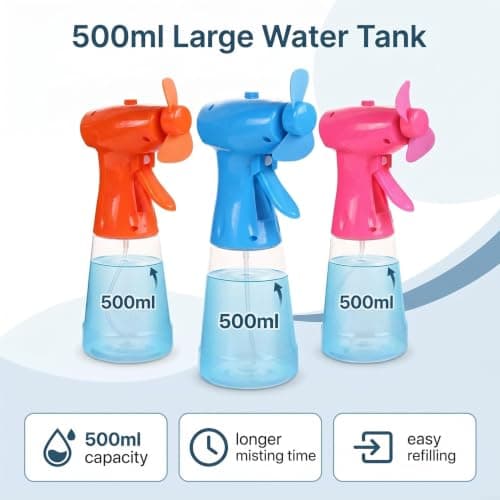 Portable Water Mist Spray Fan,Handheld Outdoor Cooling Hand Fans,Battery Powered,Cooling Fan with 500ml Water Spray Bottle ,Personal Cooling Device For Indoor Outdoor Travel Summer Beach (Blue) — view 3