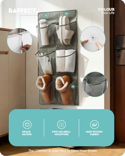 Baffect Hanging Shoe Storage Wall Mounted 6 Pockets (2 pcs,grey,No Drill) — view 2