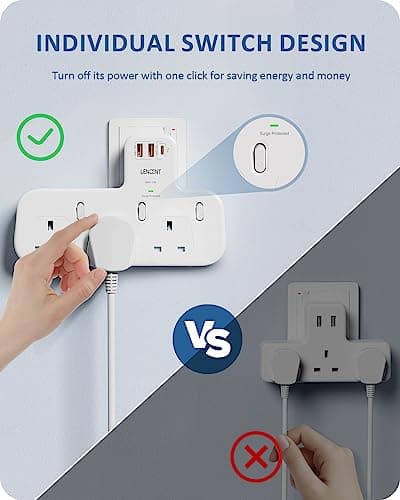 LENCENT Multi Plug Adaptor, Plug Extension Socket with 3 Fast Charge Ports — view 4