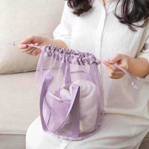 Mesh Shower Caddy Portable Hanging Bag with Drawstring & External Pocket, Sandproof Travel Beach Tote for Gym Camping Dorm College, Bathroom Toiletry Organizer for Men Women (Purple) — view 4