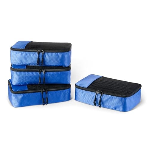 Amazon Essentials 4-Piece Packing Cubes Travel Accessories Set, Luggage Organiser with Double Zip, Mesh Top, Polyester, Small/Medium/Large/Slim, Blue (Previously Amazon Basics)