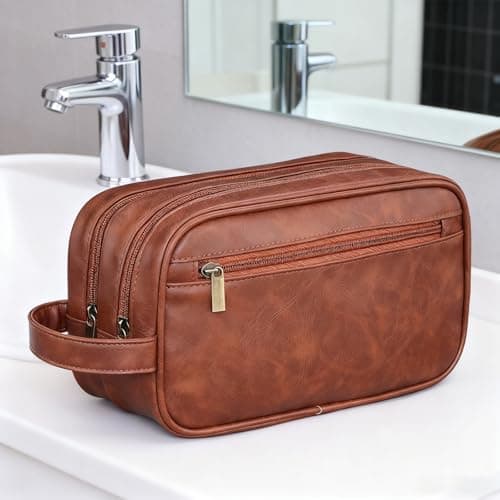 Leather Toiletry Bag Mens Wash Bag with 3 Compartments - Travel Toiletry Bag for Gym & Shaving, Small Washbag for Men, Perfect Travel Gifts for Men — view 2