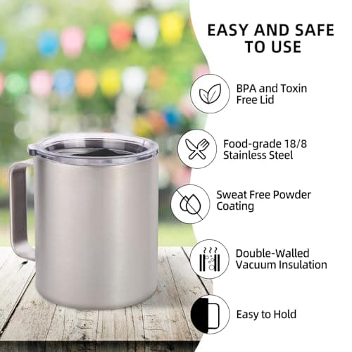 Volhoply 14oz Insulated Stainless Steel Coffee Mug with Leakproof Lid,Double Wall Vacuum Travel Coffee Cup with Handle,Reusable Metal Tumbler,Camping Mugs Keep Hot,Christmas Gifts(Silver,1) — view 4