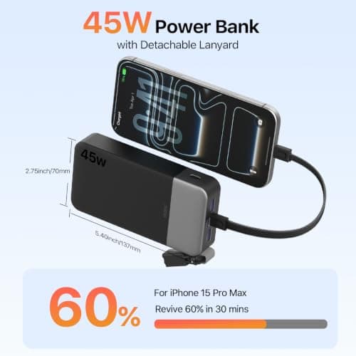 JUOVI Power Bank 45W 20000mAh Portable Charger with Detachable Cable — view 3