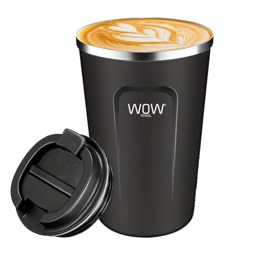 wowtravel Insulated Travel Mug Stainless Steel Coffee Cup Leakproof Vacuum Flask Hot and Cold Drinks 380ml 500ml Reusable Cup with Lid Fits Car Cup Holder Black Khaki (Black, 380ml)