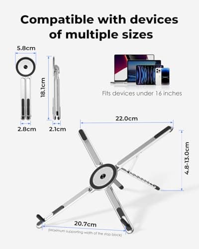 Viozon Portable Laptop Stand for Desk, Foldable Adjustable Computer Riser with Magnetic Phone Holder, Aluminum Laptop Stand for 10–16” Laptops & 4–13” Phones/Tablets (Silver) — view 4