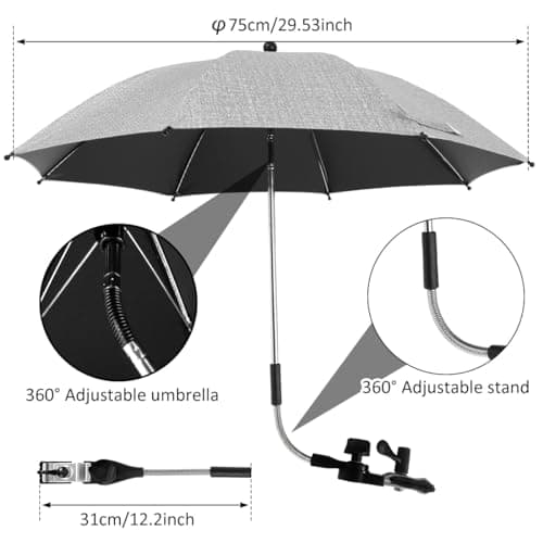 Jokapy Garden Umbrella Parasol Portable,Camping Chair Umbrellas Multifunctional Clip-on Beach Umbrella with Universal Clamp 360° Adjustable,Beach Chair Parasol Umbrellas for Wheelchair (Grey) — view 4