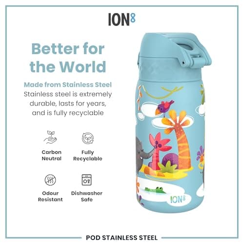 Ion8 Lightweight Steel Kids Water Bottle, 400ml/13oz, Non-Insulated, Leak Proof, Easy to Open, Secure Lock, Dishwasher Safe, Fits Cup Holders, Carry Handle, Metal Water Bottle, Blue, Safari — view 5
