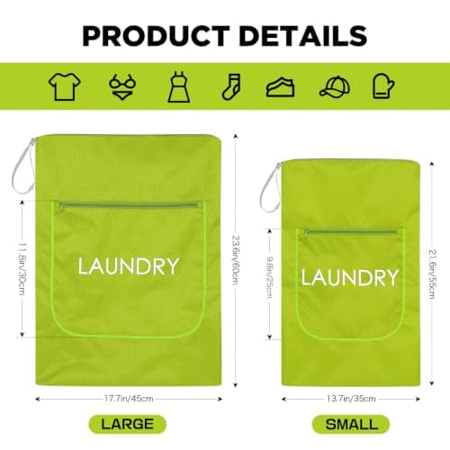 2 Packs Laundry Bags, Foldable Dirty Clothes Travel Laundry bag with Zipper, Washable Wet & Dry Organizer for Gym, Swimming, Yoga, Workout & Swimsuits（Neon Green（ Small+ Large）) — view 3