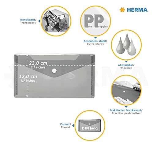 HERMA 20032 Document Wallet, DIN Long, Transparent White, Small Transparent Pockets Envelope with Press Stud, Plastic Envelope for School, University, Office, Travel — view 4