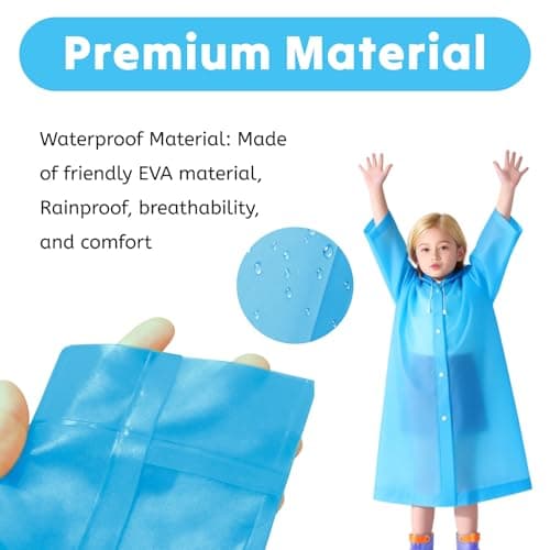 AropaeenGlowry 2pcs Kids Waterproof Rain Poncho with Hood & Sleeves - Reusable EVA Raincoat for Boys Girls, Camping & Travel, Blue — view 3