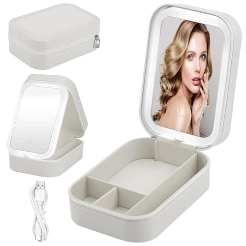 JIZZU Makeup Bag with Mirror, Lighted Vanity Case for Travel, Lighted Cosmetic Case with 3 Color Light, Portable Travel Cosmetic Organiser with Compartments for Women Outing Trip Tour(White)