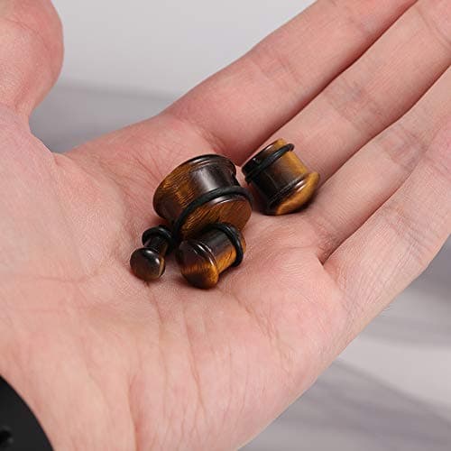 ZeSen Jewelry Tiger Eye Natural Stone Brown Ear Plugs Single Flare Ear Gauges Expander with O-Ring Body Piercing (Gauge=0g(8mm)) — view 2