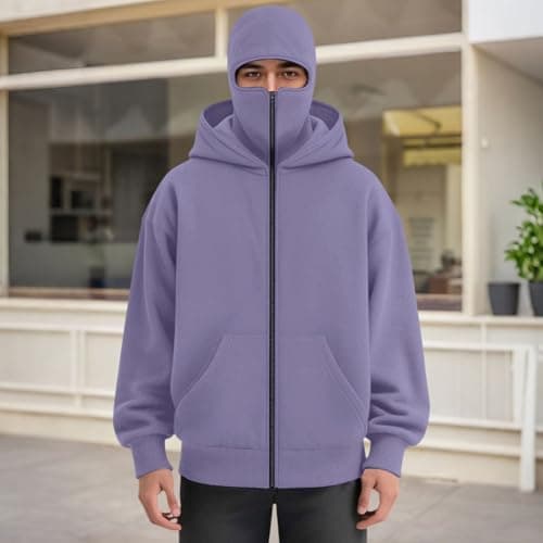 Balaclava Hoodie with Mask Built In Balaclava Full Zipper Double Hooded Coat Oversized Wind Resistant Warm Travel Hoodie with Face Mask Built In Winter Windproof Streetwear Workout Sweatshirt Purple — view 2