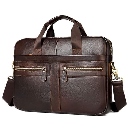 VINBAGGE Genuine Leather Briefcase for Men 14 Inch, Men's Business Laptop Work Bag, Messenger Bag with Adjustable Shoulder Strap, Professional Work Bag for Office Travel Commute
