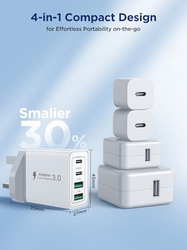 USB C Plug 2Pack, 4-Port 40W USB C Charger Plug UK Dual Port PD Power Adapter+QC Wall Charger Multiport Mains Type C Charging Plug for iPhone 16 15 14 13 12 11 Pro Max Plus,Samsung, iPad, AirPods — view 5