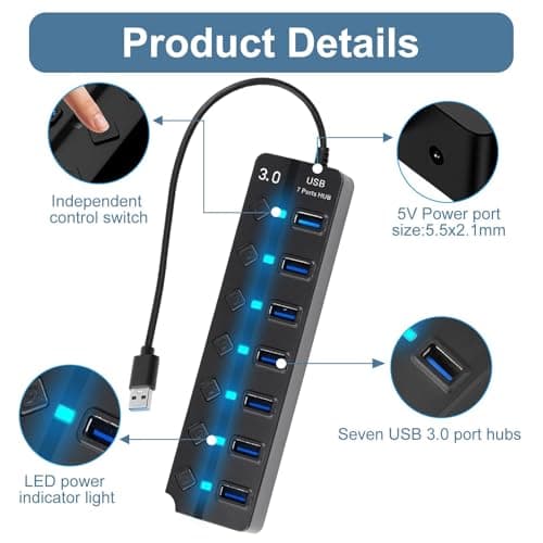 7-Port USB 3.0 Hub Multiport Splitter with Individual Switches and Lights — view 3
