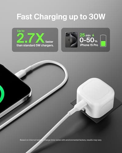 Belkin BoostCharge Compact Wall Charger 30W, Travel-friendly USB-C Power Delivery Fast Charging for Apple iPhone 17, Air, Samsung Galaxy S25, Pixel, iPad, AirPods, Tablet - With Type C Cable - White — view 3