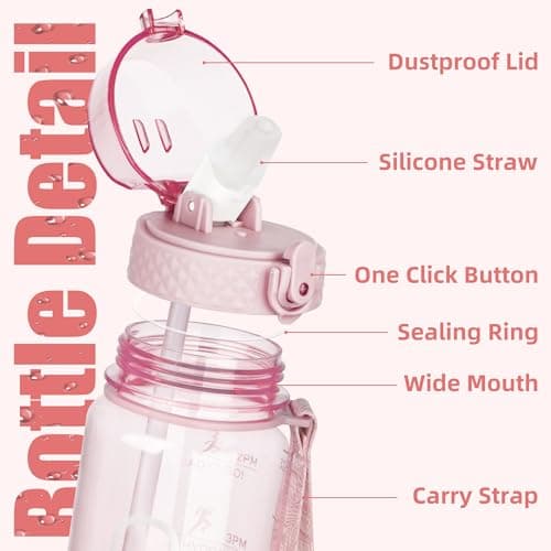 OLDLEY 1L Sports Water Bottle with Straw, Tritan 1 Litre Motivational Drink Bottle, BPA Free Leakproof Transparent Water Bottle with Time Marker for Cycling, School, Gym, Outdoor (Pink) — view 2