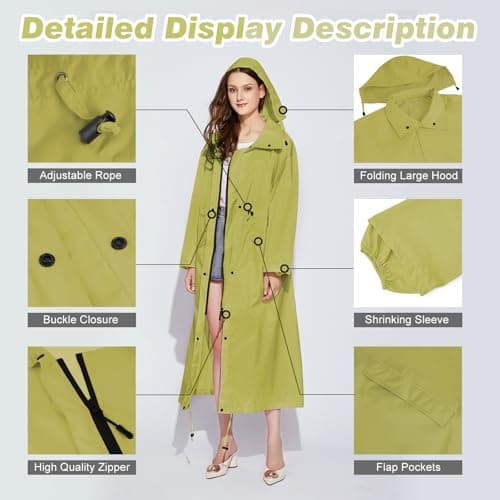 SOPPY Women's Long Waterproof Raincoat, Lightweight Hooded Rain Jacket, Cream Yellow, XXL — view 4