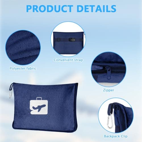 flintronic Travel Blanket and Pillow, 2 in 1 Airplane Blanket with Eye Mask and Ear Plugs, Compact Office Blankets, Lightweight & Portable Pillow for Long Flights and Trains (Navy Blue) — view 3