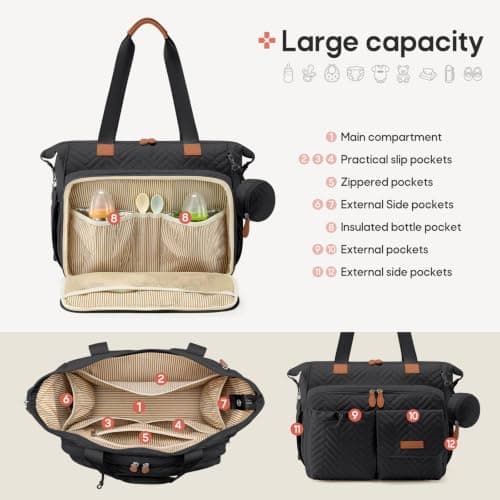 RAINSMORE Baby Changing Backpack Nappy Tote Bag with Changing Mat Black — view 3