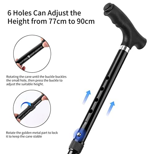 Folding Walking Stick with Light, OOCOME Foldable Walking Sticks for Men & Women Seniors Walking Aids Collapsible Walking Cane with Non-Slip Base Adjustable Height 77cm-90cm — view 5