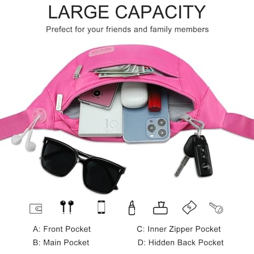 MAXTOP Large Bumbag Waist Fanny Pack Running Belt for Men Women Unisex Bum Bag with Headphone Jack and 4-Zipper Pockets Adjustable Belt for Travel Running Jogging Workout Hiking Gifts Rose Red — view 3
