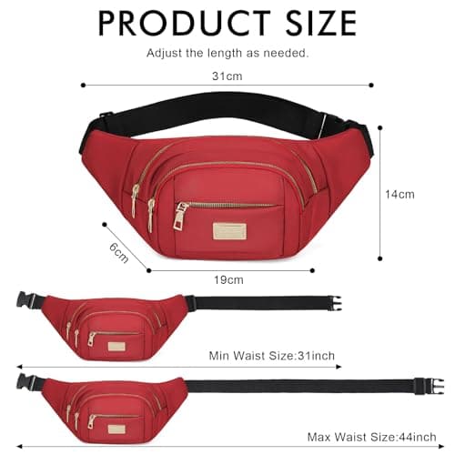 ADUDVLO Bumbags for Ladies Women Men Lightweight Adjustable Bum Bag Fanny Pack with 4 Zipper Pockets,Fashionable Waist Pack for Travel, Running, Hiking, Cycling (Red) — view 3