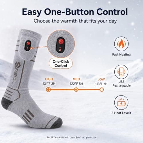 FREEHILL Merino Wool Rechargeable Heated Socks, Full Sole Heating (Grey, M) — view 3
