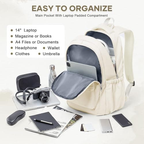 WEPLAN School Backpack School Bag for Teenage Girls Boys College Rucksack Lightweight Schoolbag Casual Backpack Dayback Women Bookbag College Waterproof 14 Inch Laptop Backpacks,A2-Beige — view 6