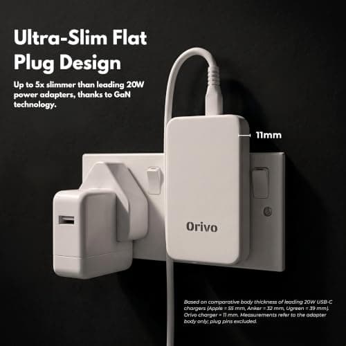 Orivo Ultra-Slim Flat USB-C & USB QC 3.0 Charger UK Charger, 20W Multi Port UK Power Plug, Type C Fast-Charging iPhone 16/15/14 Pro Max, Galaxy Mobile Phones, UK Travel Adapter, (White) — view 2