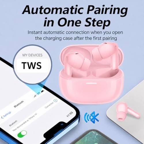 XuLinSe Wireless Earbuds Bluetooth 5.3 Headphones, In Ear Bluetooth Earphones with 4 Mics, IPX7 Waterproof Ear Buds, 10mm Drivers, Touch Control, Auto Pairing, HiFi Stereo Sound (Light Pink) — view 3