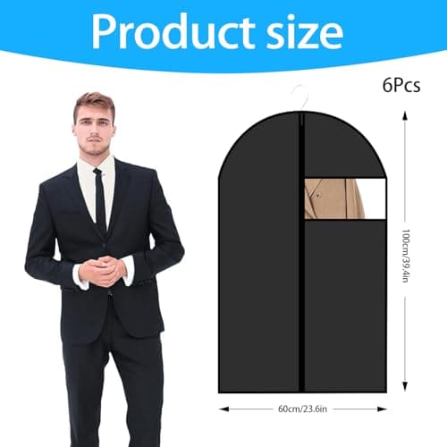 6 PCS Suit Cover, 60x100cm Suit Bag Black Garment Bags Dust Proof Foldable Washable Lightweight Cover Bags Suits Protector with Zip for Travel Home Storage — view 2