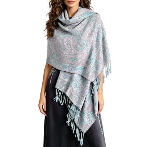 2026 Adults' Paisley Print Fringed Shawl Scarf, Ornate Motif, Long Rectangular Shape and Tasselled Fringe, Polyester Layer for Autumn Walks, Winter Outfits, Travel Casual Wear (4) Mint Green