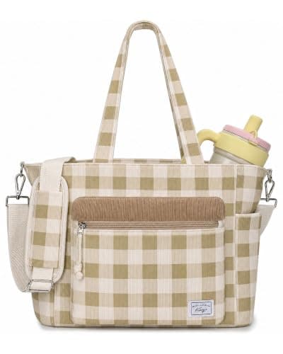 Kasgo Corduroy Tote Bag for Women, 15.6" Laptop Work Bag, Khaki Checkered